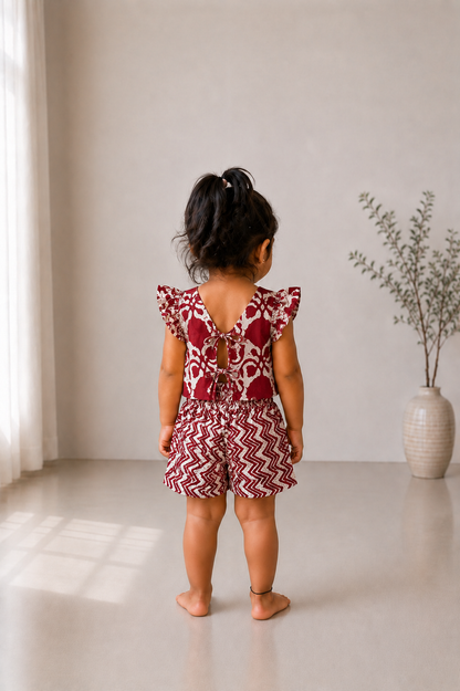 Back view of the Adhira maroon kids cotton co-ord set showing the V-back design with two tieable ropes.