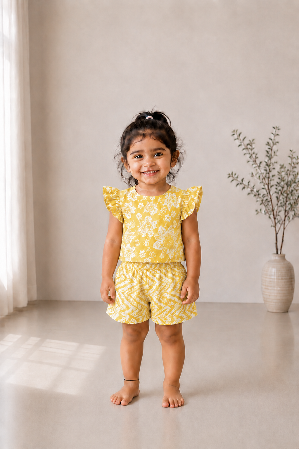 Adhira yellow kids co-ord set with floral print top and matching shorts