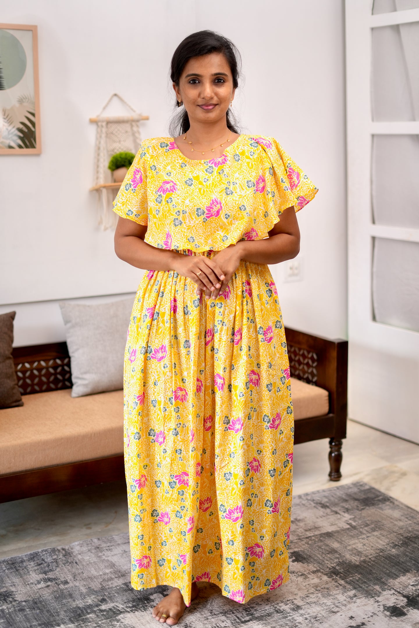 Ganga - Yellow Detachable Dupatta Maxi Nighty