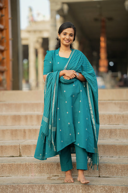 Anushka - Teal Blue Cotton Anarkali Suit Set