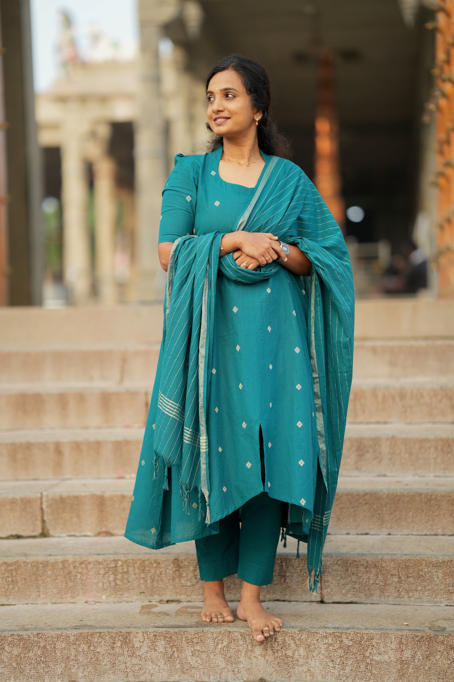 Anushka - Teal Blue Cotton Anarkali Suit Set
