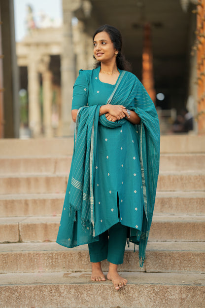 Anushka - Teal Blue Cotton Anarkali Suit Set