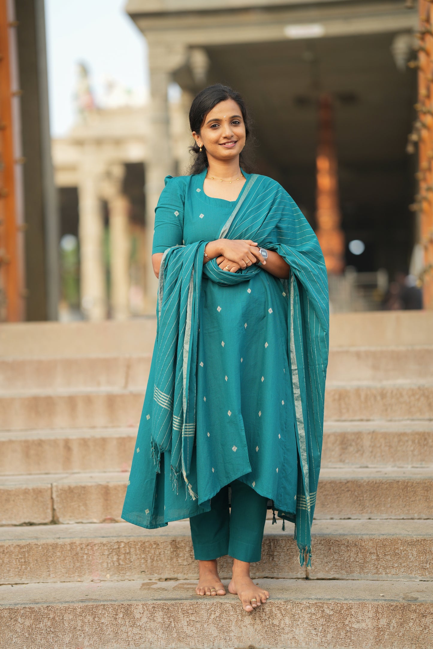 Anushka - Teal Blue Cotton Anarkali Suit Set