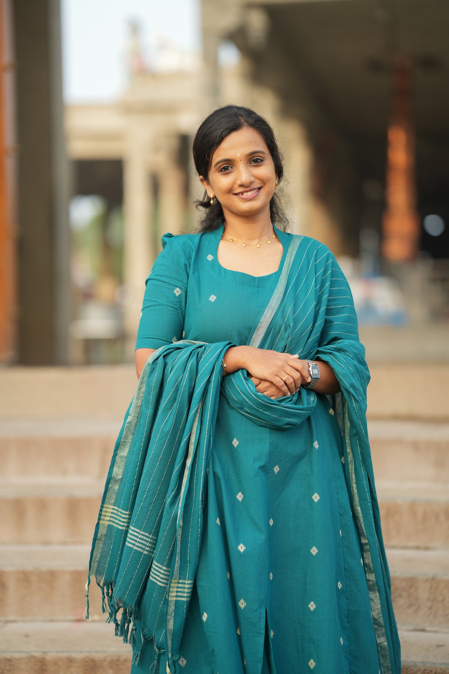 Anushka - Teal Blue Cotton Anarkali Suit Set