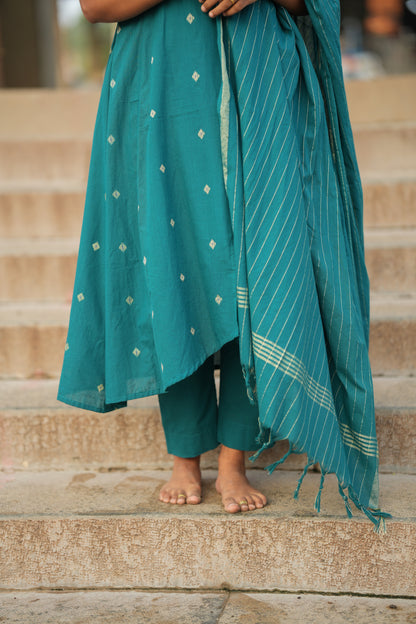 Anushka - Teal Blue Cotton Anarkali Suit Set