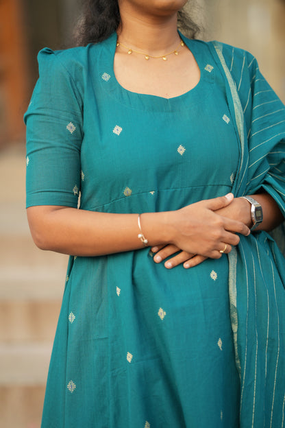 Anushka - Teal Blue Cotton Anarkali Suit Set