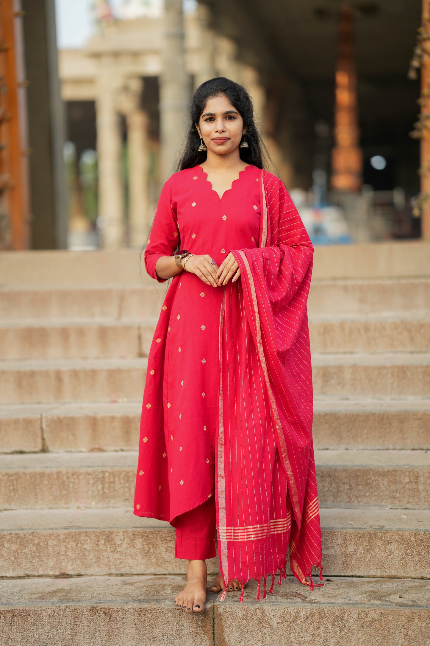 Anushka - Red Cotton Anarkali Suit Set