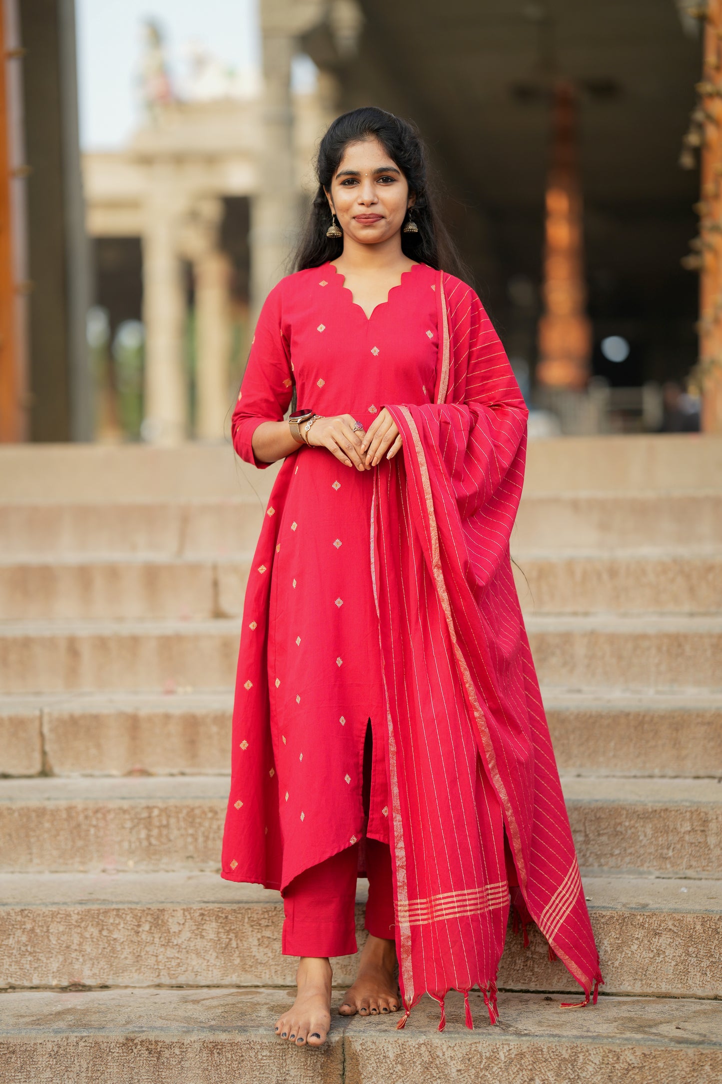 Anushka - Red Cotton Anarkali Suit Set