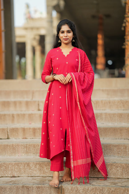 Anushka - Red Cotton Anarkali Suit Set