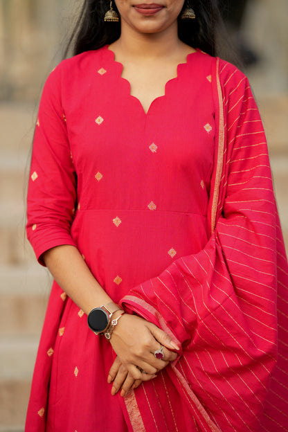 Anushka - Red Cotton Anarkali Suit Set