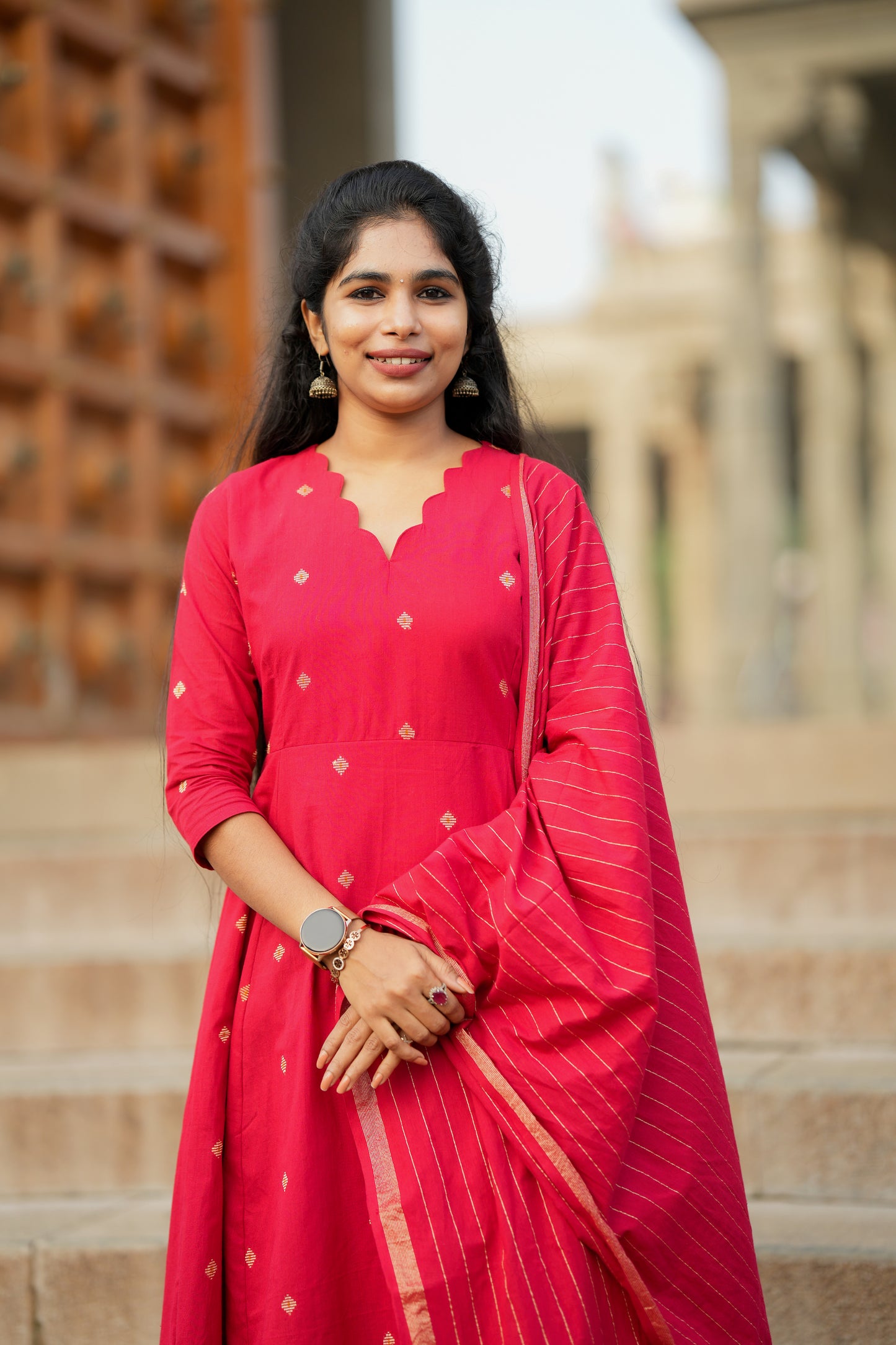 Anushka - Red Cotton Anarkali Suit Set