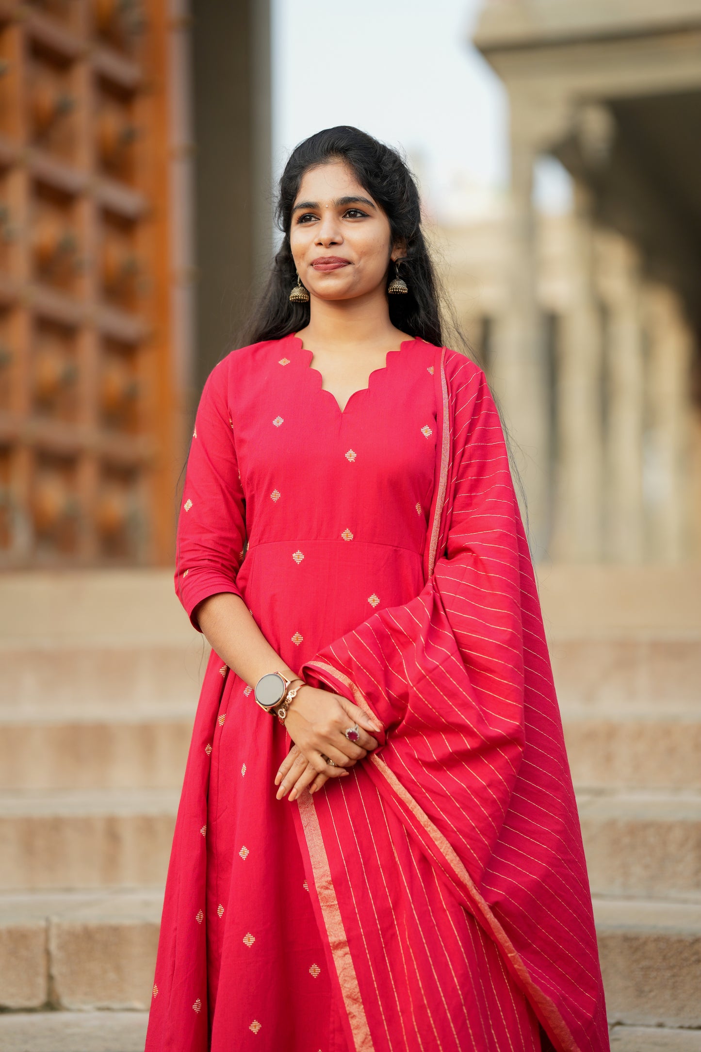 Anushka - Red Cotton Anarkali Suit Set