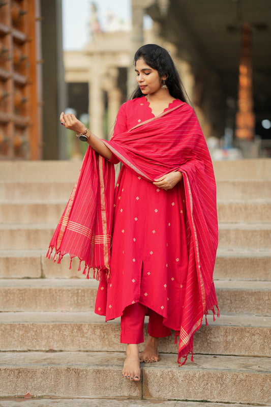 Anushka - Red Cotton Anarkali Suit Set