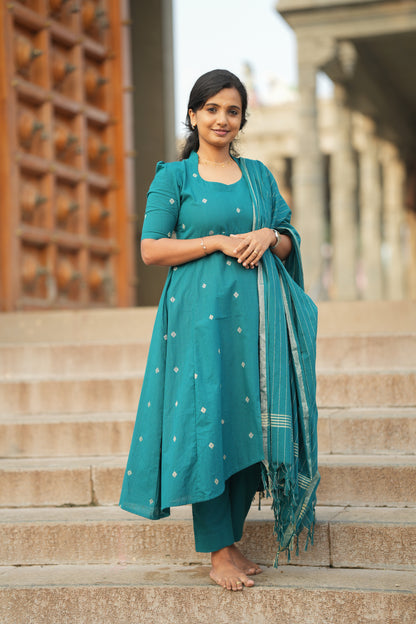 Anushka - Teal Blue Cotton Anarkali Suit Set