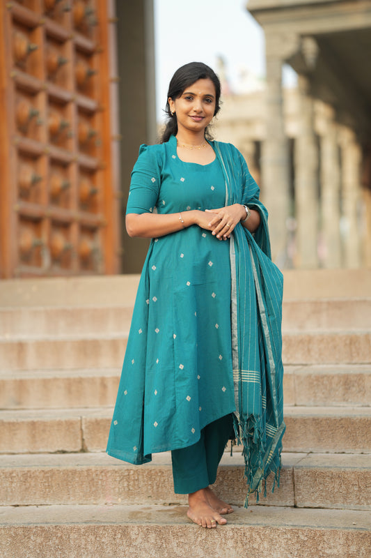 Anushka - Teal Blue Cotton Anarkali Suit Set