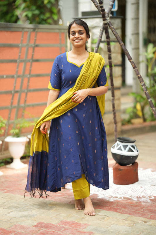 Vriksha - Blue Raw Silk 3pcs Anarkali