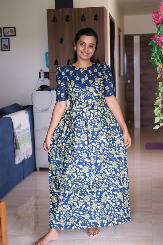 Full-length view of the ladies cotton nighty in royal blue with a feeding nighty with zip design