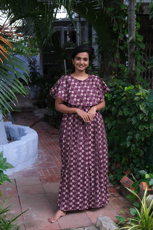 Comfortable cotton maxi nighty in purple floral print with detachable drape
