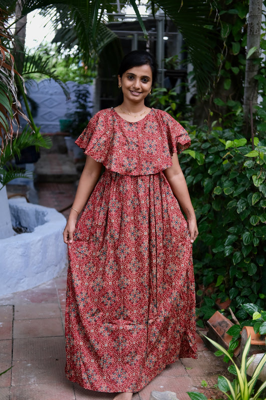 Front view of the comfortable cotton nighty with dupatta in a rich maroon traditional print.