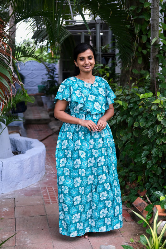Ganga - Blue Floral Detachable Dupatta Maxi Nighty