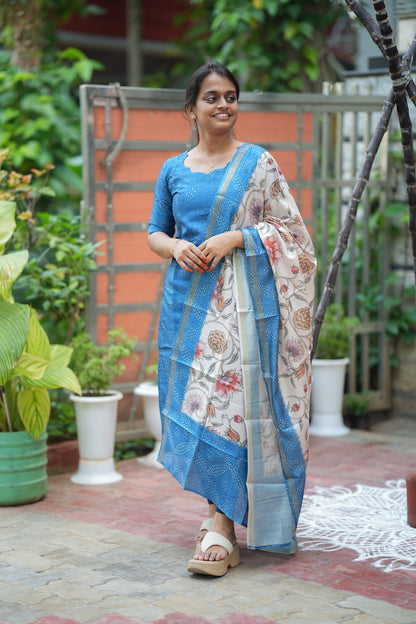 Kalika - Blue Bandhani 2 Pcs Tussar Kurti Set