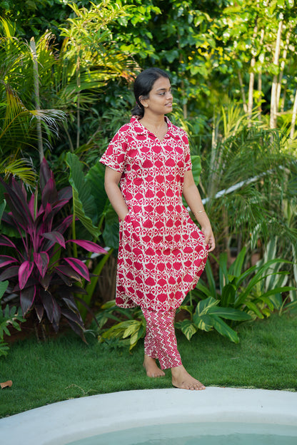 Ladies cotton night suit in deep red and off-white block print.
