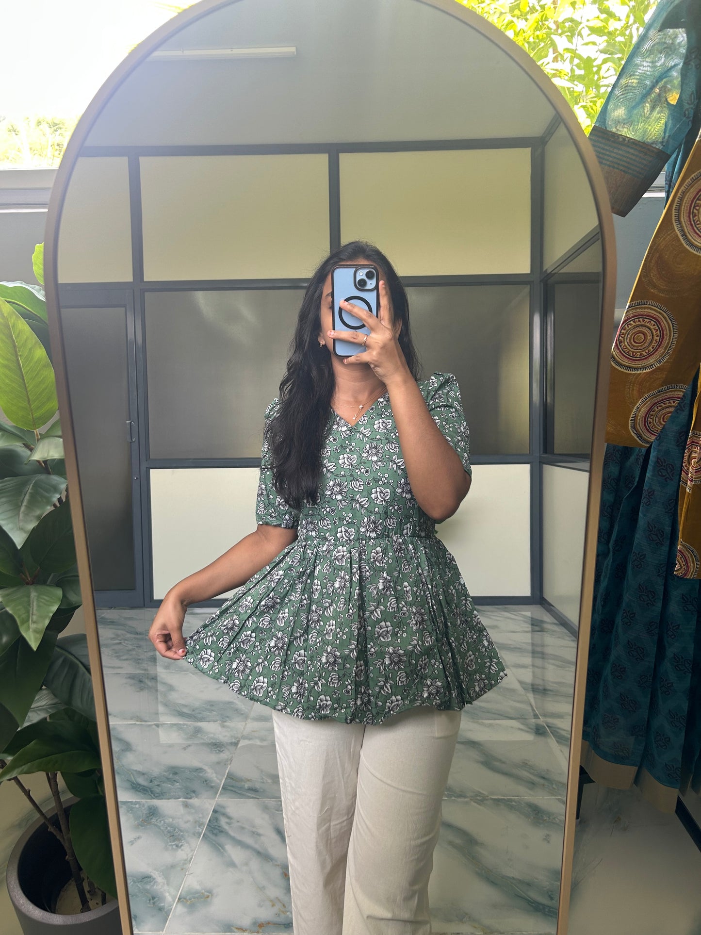Isha -  Green Floral Peplum Top