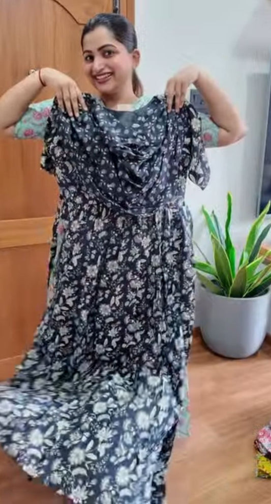 Kaveri - Black Floral Maxi Nighty