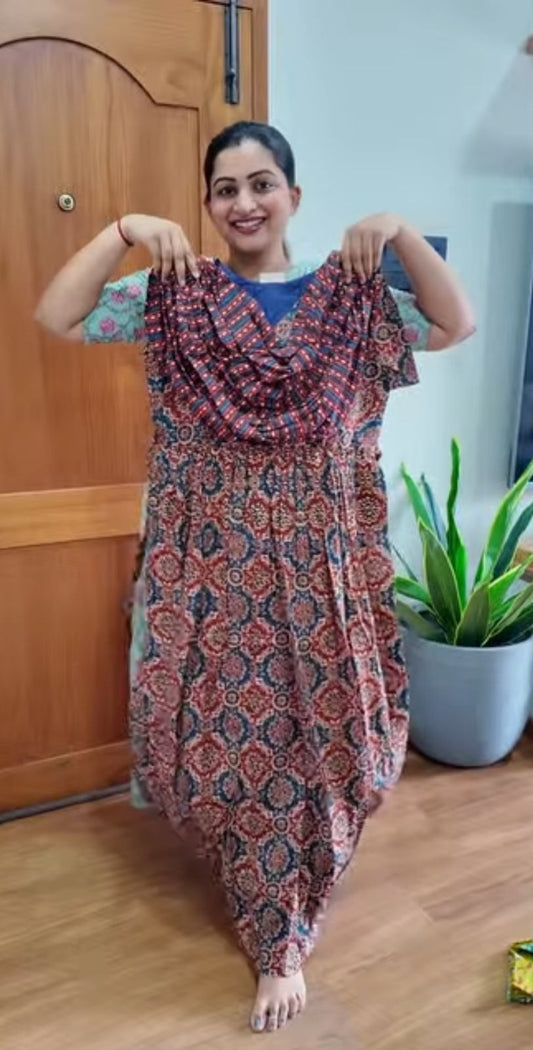 Kaveri - Red Blue Ajrakh Maxi Nighty