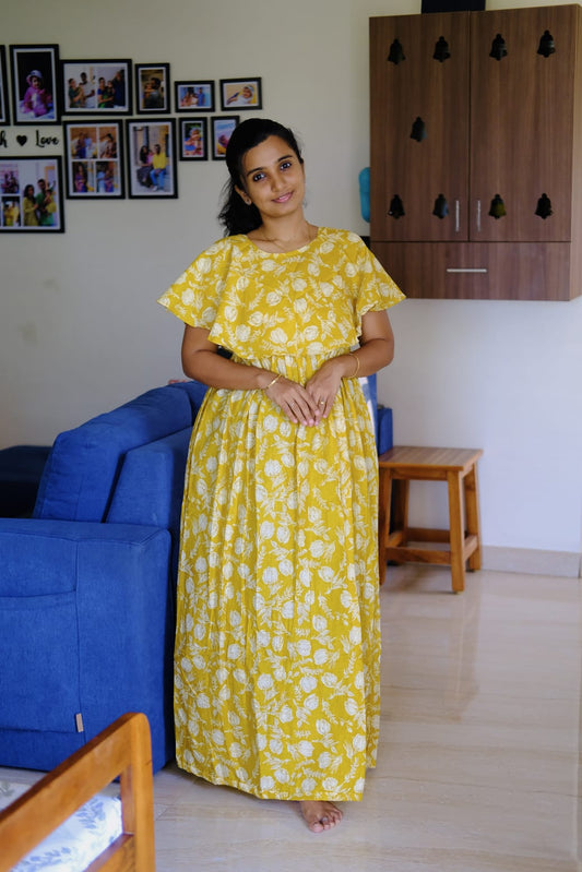Ganga - Yellow Detachable Dupatta Maxi Nighty