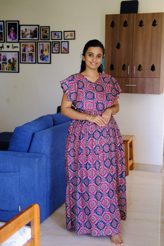 Ganga - Pink Ajrakh Detachable Dupatta Maxi Nighty