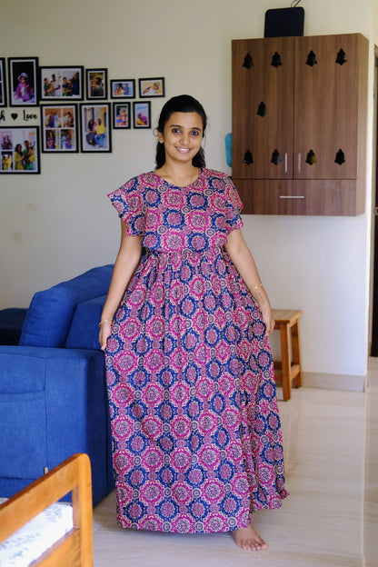 Ganga - Pink Ajrakh Detachable Dupatta Maxi Nighty