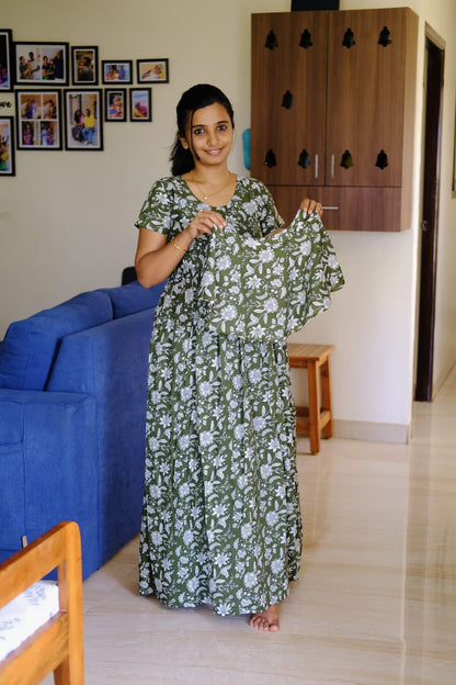 Ganga - Green Detachable Dupatta Maxi Nighty