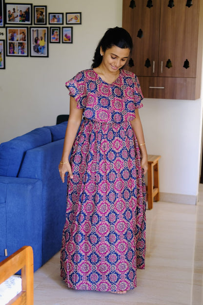 Ganga - Pink Ajrakh Detachable Dupatta Maxi Nighty