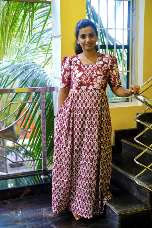Nisha - Wine Floral Maxi Nighty
