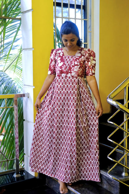 Nisha - Wine Floral Maxi Nighty