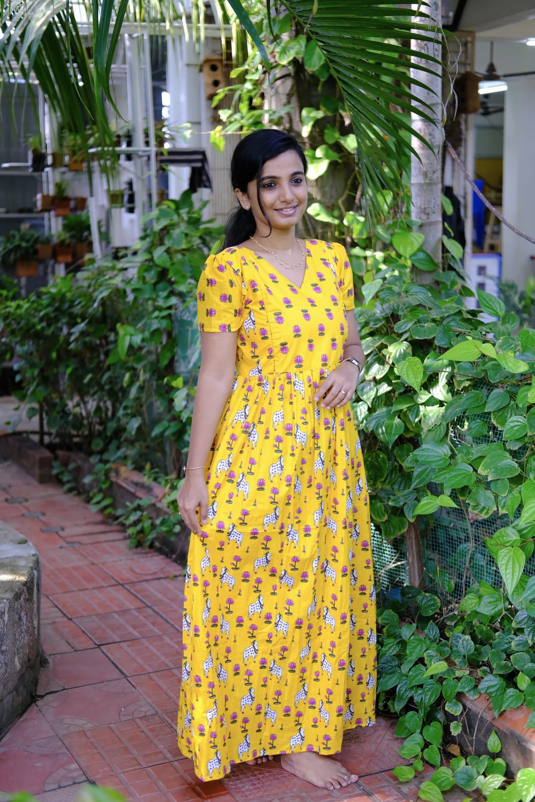 Mullai - Yellow Lotus & Cow Pichwai Maxi Nighty