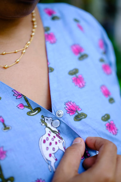 Malar - Blue Lotus & Cow Pichwai Zipless Maxi Nighty