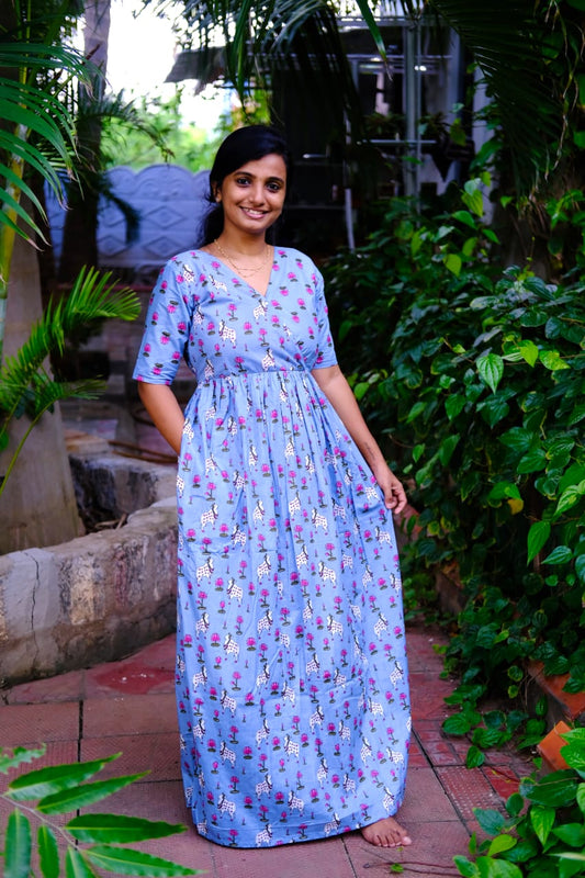 Malar - Blue Lotus & Cow Pichwai Zipless Maxi Nighty
