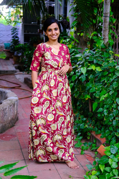 Malar -  Maroon Floral Zipless Maxi Nighty