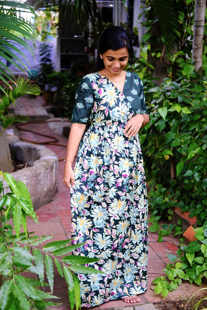 Malar -  Dark Green Floral Zipless Maxi Nighty