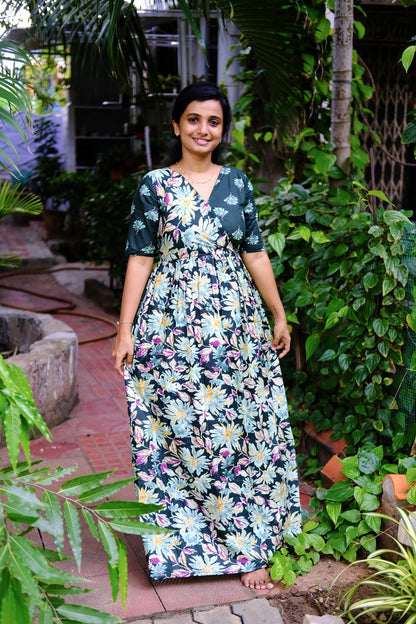 Malar -  Dark Green Floral Zipless Maxi Nighty