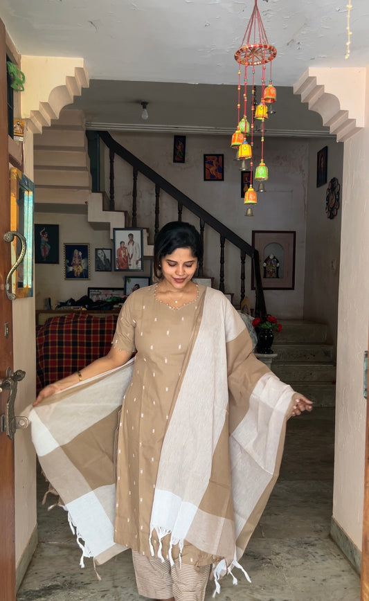 Anjali - Light Brown 3pcs Handloom Cotton Salwar Set