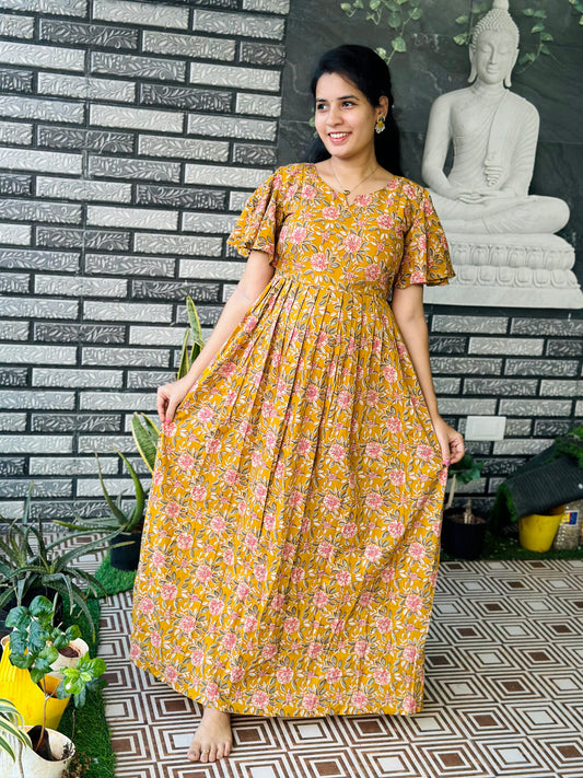 Yamuna - Mustard Floral Maxi Nighty