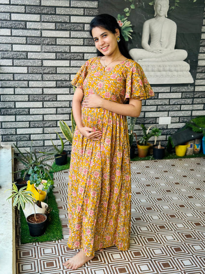 Yamuna - Mustard Floral Maxi Nighty