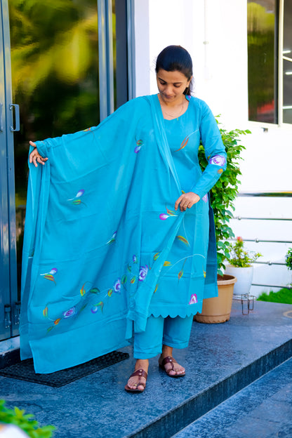 Haritha - Blue Hand Painted 3 Pcs Kurti Set