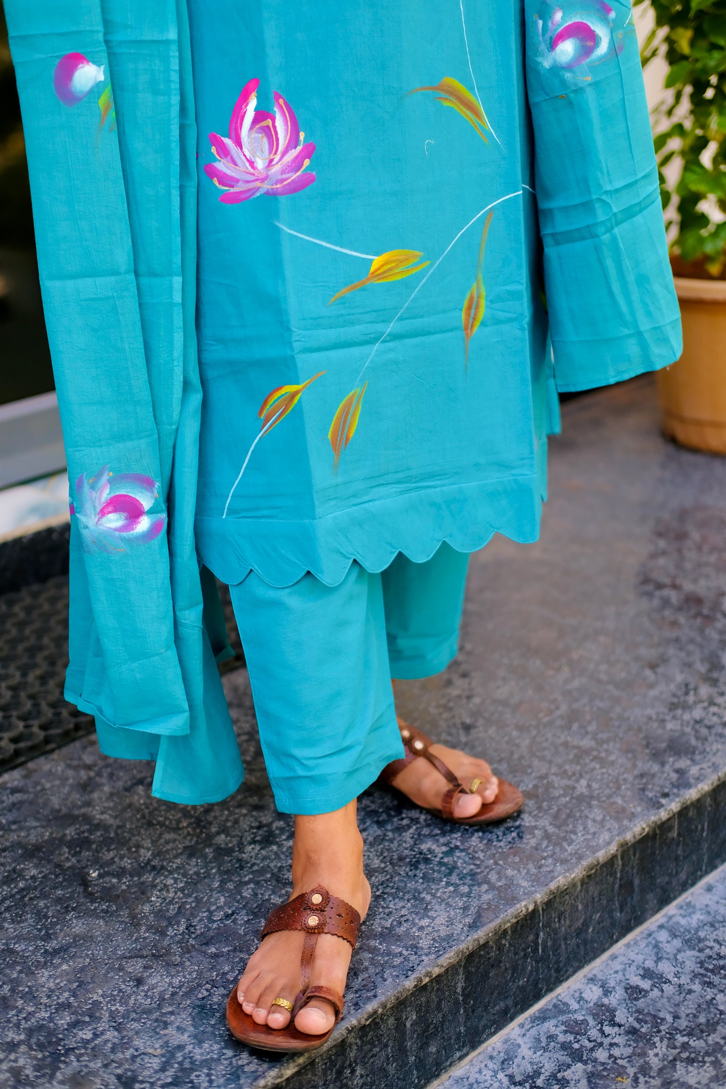 Haritha - Blue Hand Painted 3 Pcs Kurti Set
