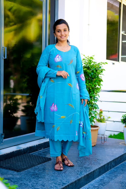 Haritha - Blue Hand Painted 3 Pcs Kurti Set