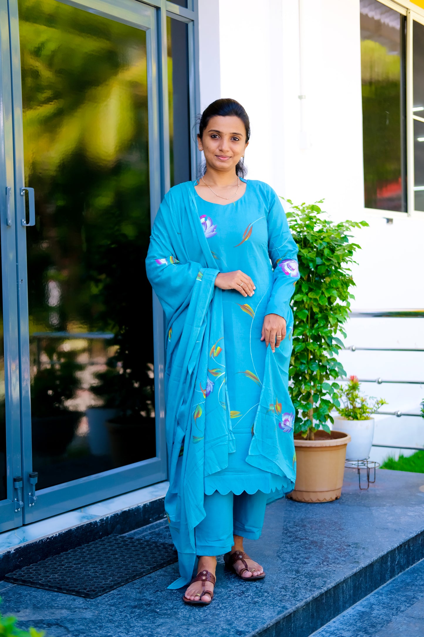 Haritha - Blue Hand Painted 3 Pcs Kurti Set