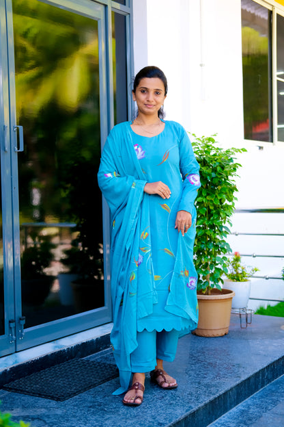 Haritha - Blue Hand Painted 3 Pcs Kurti Set